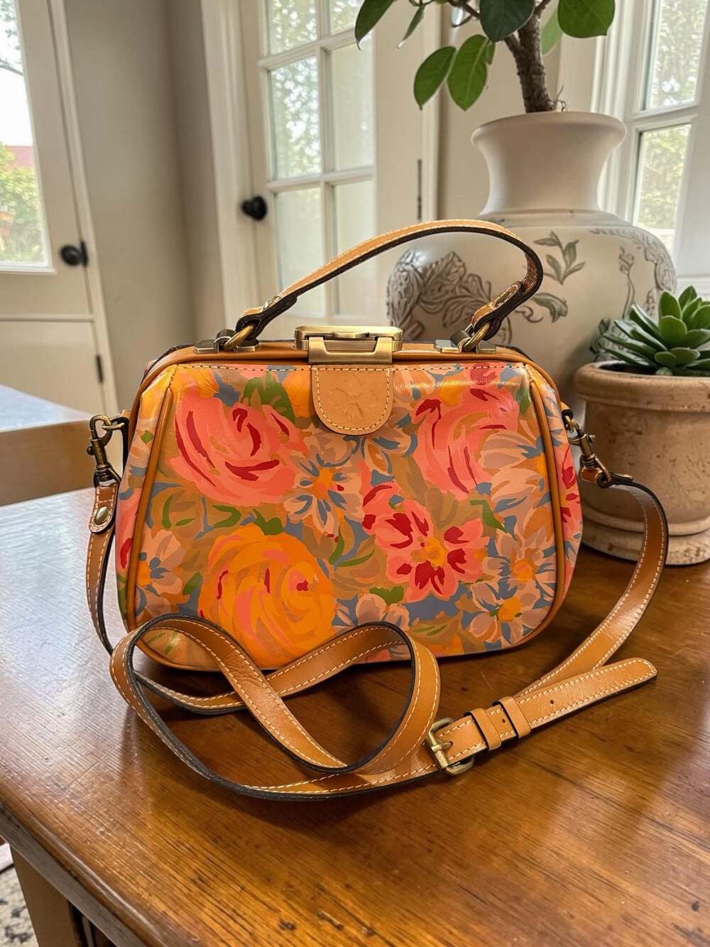 Patricia Nash Citrus Rose Floral Gracchi Frame Satchel Crossbody Bag